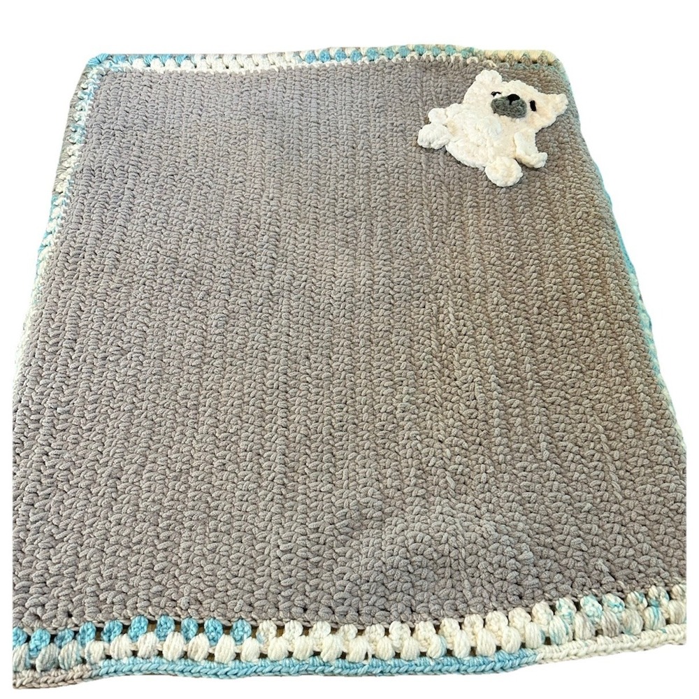 Crocheted Soft And Chunky Baby Blanket Gray Blue White 3D Bear Adorable Handmade